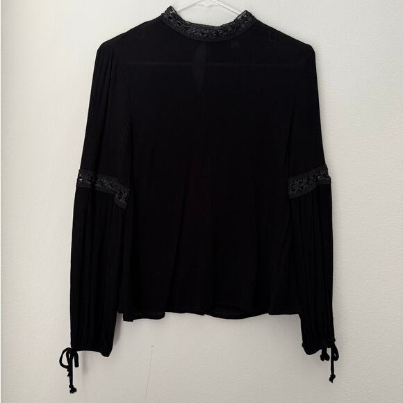 Women’s Black Long Sleeve Blouse with Lace Trim and Tie Cuffs Boho Chic Style XS - Picture 2 of 10